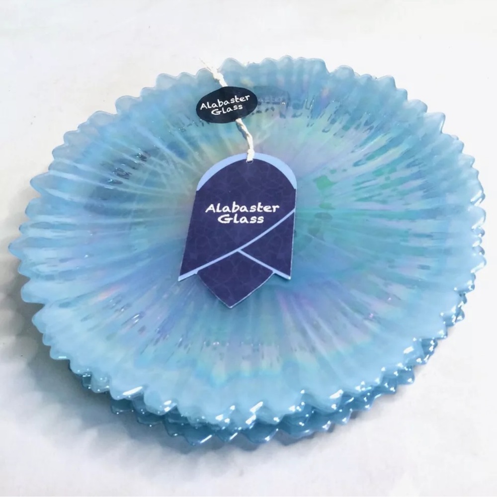 x6 NEW Turkish Coastal Alabaster Glass Iridescent Blue Swirl Salad Plates